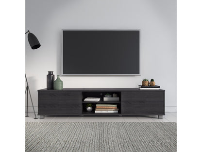 Dark grey modern TV stand for TVs up to 85 inches, featuring sleek lines, ample storage with open shelves and cabinets, made of high-quality wood and metal accents, perfect for contemporary living rooms.