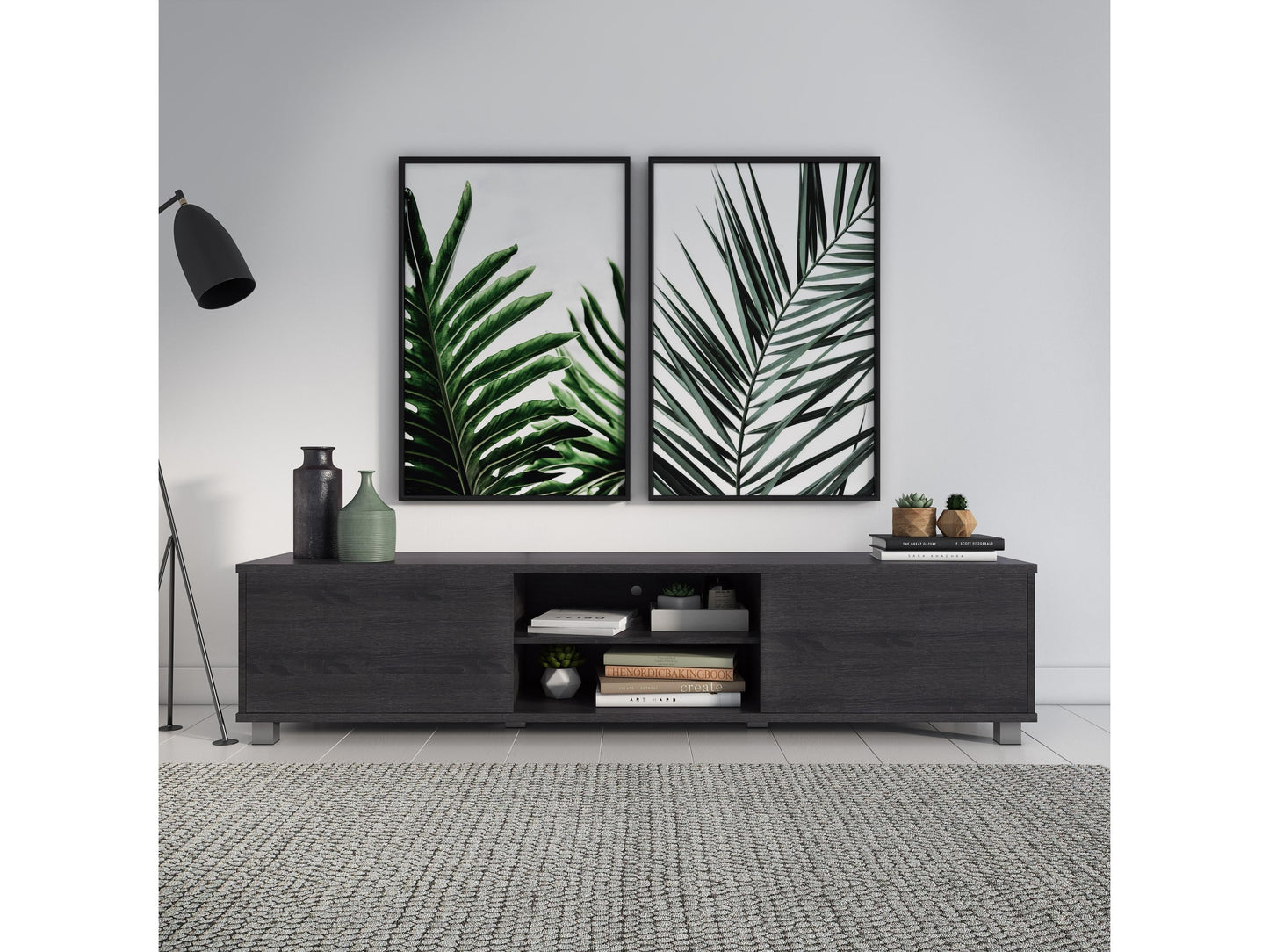 Dark grey modern TV stand for TVs up to 85 inches, featuring sleek lines, ample storage with open shelves and cabinets, made of high-quality wood and metal accents, perfect for contemporary living rooms.