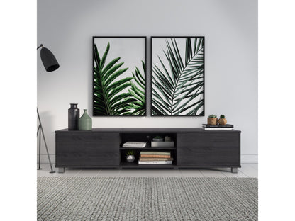 Dark grey modern TV stand for TVs up to 85 inches, featuring sleek lines, ample storage with open shelves and cabinets, made of high-quality wood and metal accents, perfect for contemporary living rooms.