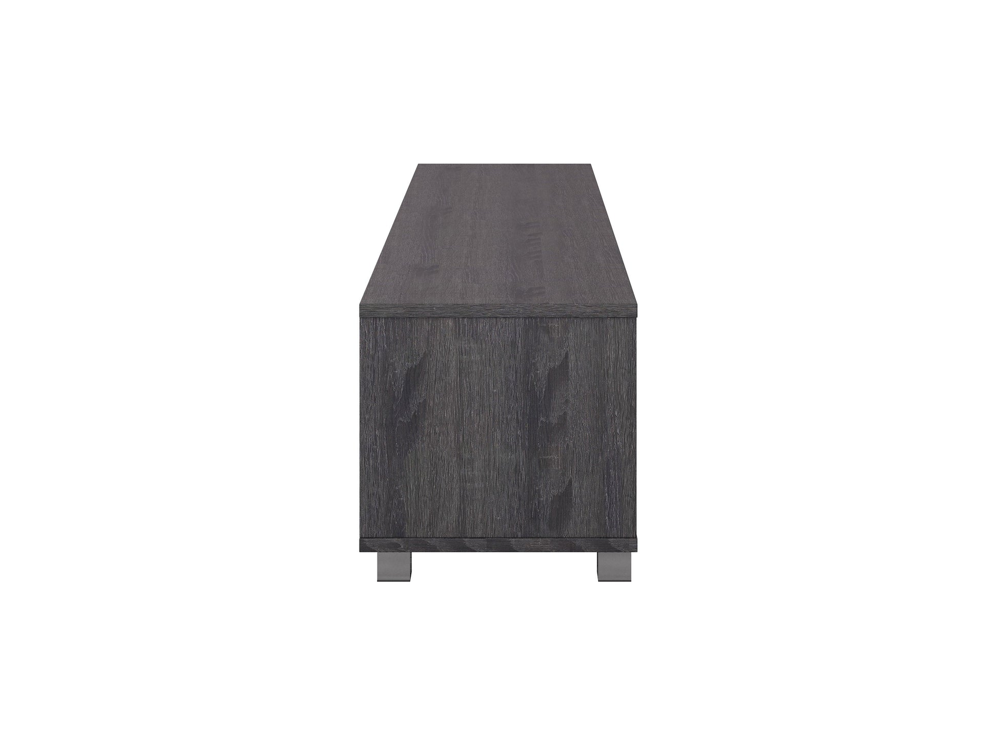 Dark grey modern TV stand for TVs up to 85 inches, featuring sleek lines, ample storage with open shelves and cabinets, made of high-quality wood and metal accents, perfect for contemporary living rooms.