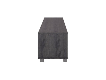 Dark grey modern TV stand for TVs up to 85 inches, featuring sleek lines, ample storage with open shelves and cabinets, made of high-quality wood and metal accents, perfect for contemporary living rooms.