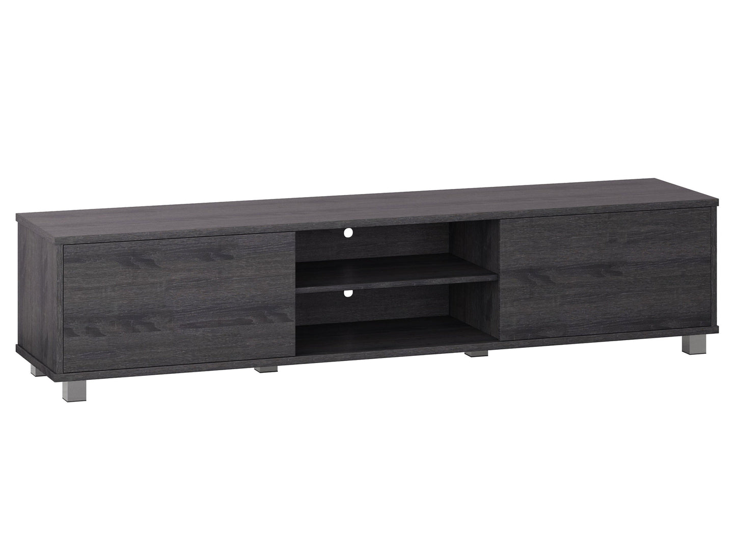 Dark grey modern TV stand for TVs up to 85 inches, featuring sleek lines, ample storage with open shelves and cabinets, made of high-quality wood and metal accents, perfect for contemporary living rooms.