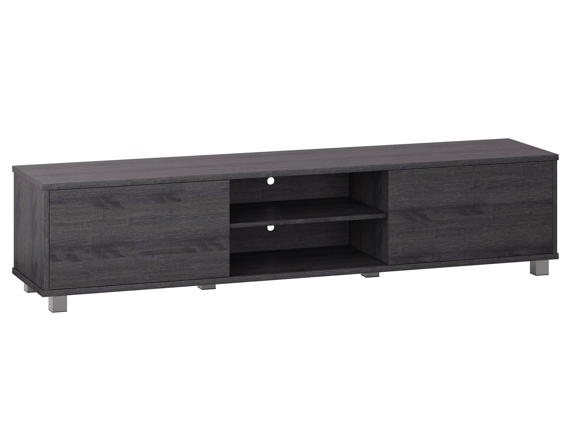 Dark grey modern TV stand for TVs up to 85 inches, featuring sleek lines, ample storage with open shelves and cabinets, made of high-quality wood and metal accents, perfect for contemporary living rooms.