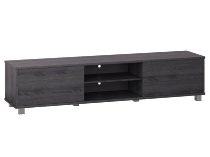 Dark grey modern TV stand for TVs up to 85 inches, featuring sleek lines, ample storage with open shelves and cabinets, made of high-quality wood and metal accents, perfect for contemporary living rooms.