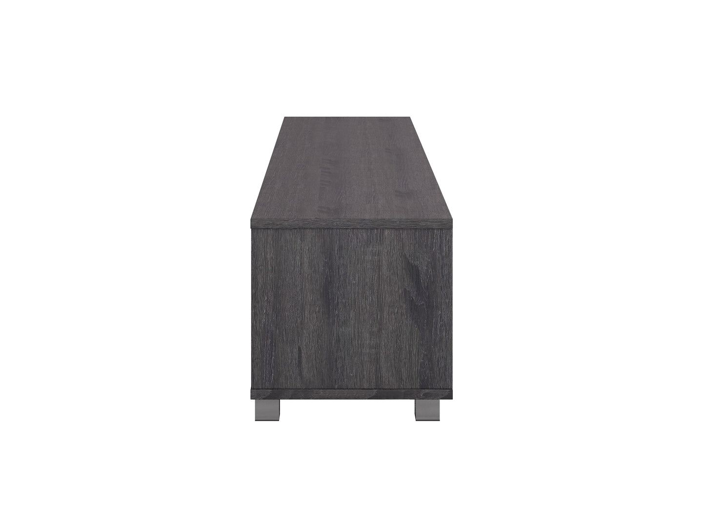 Dark grey modern TV stand for TVs up to 85 inches, featuring sleek lines, ample storage with open shelves and cabinets, made of high-quality wood and metal accents, perfect for contemporary living rooms.