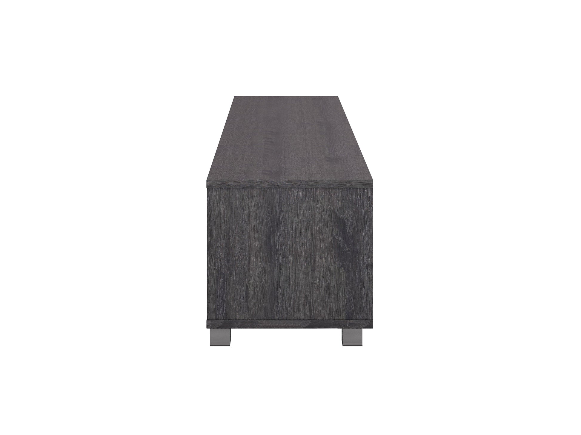 Dark grey modern TV stand for TVs up to 85 inches, featuring sleek lines, ample storage with open shelves and cabinets, made of high-quality wood and metal accents, perfect for contemporary living rooms.