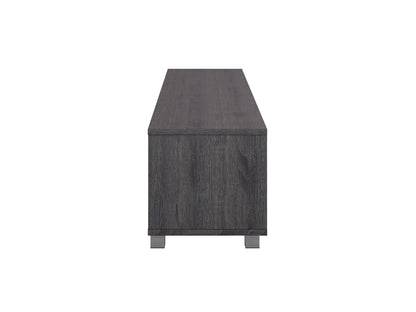 Dark grey modern TV stand for TVs up to 85 inches, featuring sleek lines, ample storage with open shelves and cabinets, made of high-quality wood and metal accents, perfect for contemporary living rooms.