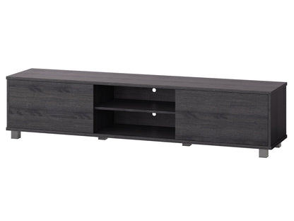 Dark grey modern TV stand for TVs up to 85 inches, featuring sleek lines, ample storage with open shelves and cabinets, made of high-quality wood and metal accents, perfect for contemporary living rooms.