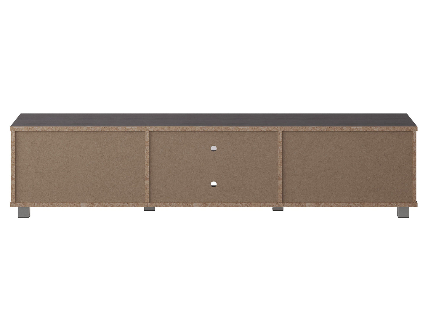Dark grey modern TV stand for TVs up to 85 inches, featuring sleek lines, ample storage with open shelves and cabinets, made of high-quality wood and metal accents, perfect for contemporary living rooms.