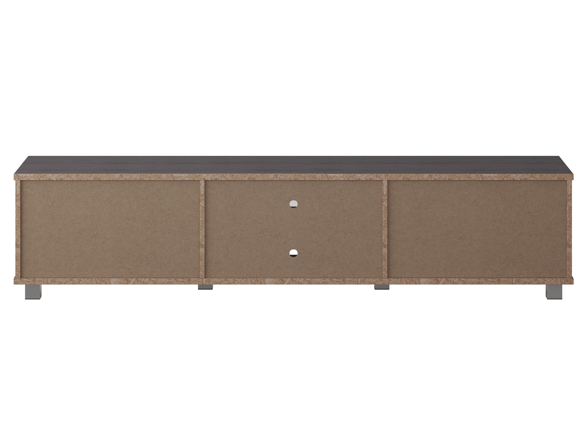 Dark grey modern TV stand for TVs up to 85 inches, featuring sleek lines, ample storage with open shelves and cabinets, made of high-quality wood and metal accents, perfect for contemporary living rooms.