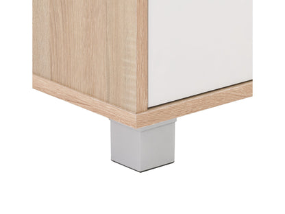 Modern black TV stand for TVs up to 85 inches, featuring sleek lines, minimalist design, and ample storage with open shelves and cabinets. Made of durable materials with a smooth finish.