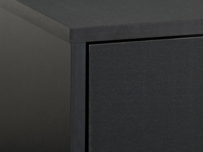 Modern black TV stand for TVs up to 85 inches, featuring sleek lines, minimalist design, and ample storage with open shelves and cabinets. Made of durable materials with a smooth finish.