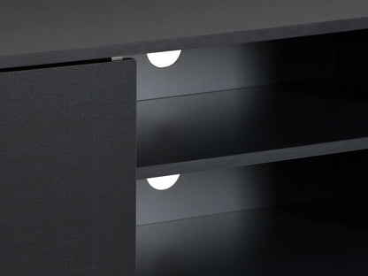 Modern black TV stand for TVs up to 85 inches, featuring sleek lines, minimalist design, and ample storage with open shelves and cabinets. Made of durable materials with a smooth finish.