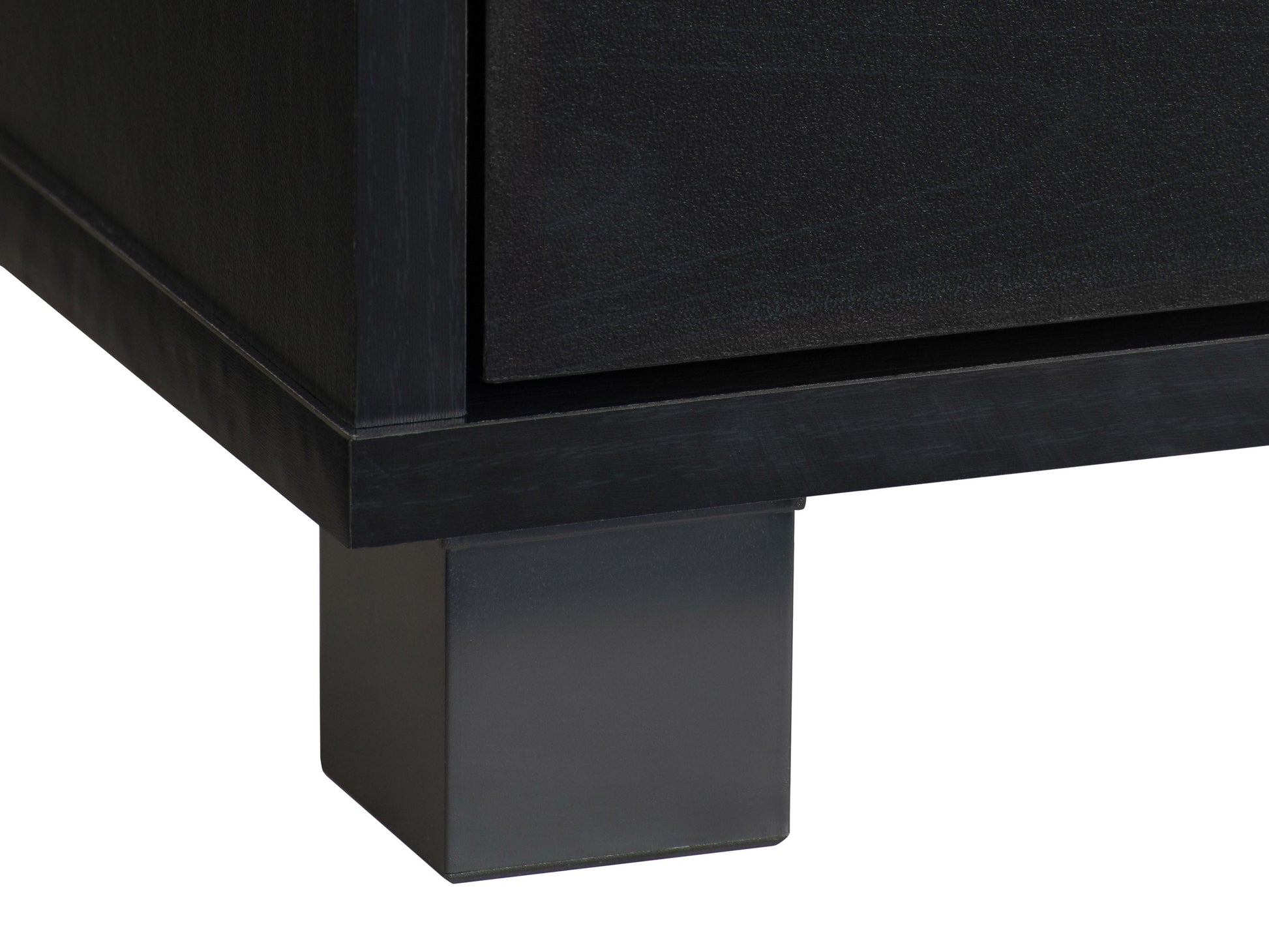 Modern black TV stand for TVs up to 85 inches, featuring sleek lines, minimalist design, and ample storage with open shelves and cabinets. Made of durable materials with a smooth finish.