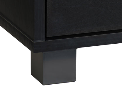 Modern black TV stand for TVs up to 85 inches, featuring sleek lines, minimalist design, and ample storage with open shelves and cabinets. Made of durable materials with a smooth finish.