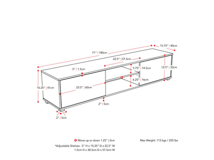 Modern black TV stand for TVs up to 85 inches, featuring sleek lines, minimalist design, and ample storage with open shelves and cabinets. Made of durable materials with a smooth finish.