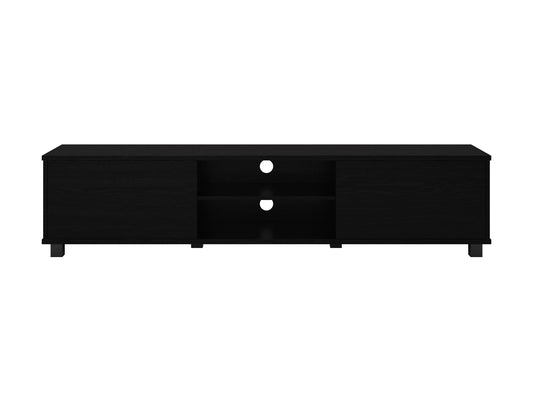 Modern black TV stand for TVs up to 85 inches, featuring sleek lines, minimalist design, and ample storage with open shelves and cabinets. Made of durable materials with a smooth finish.