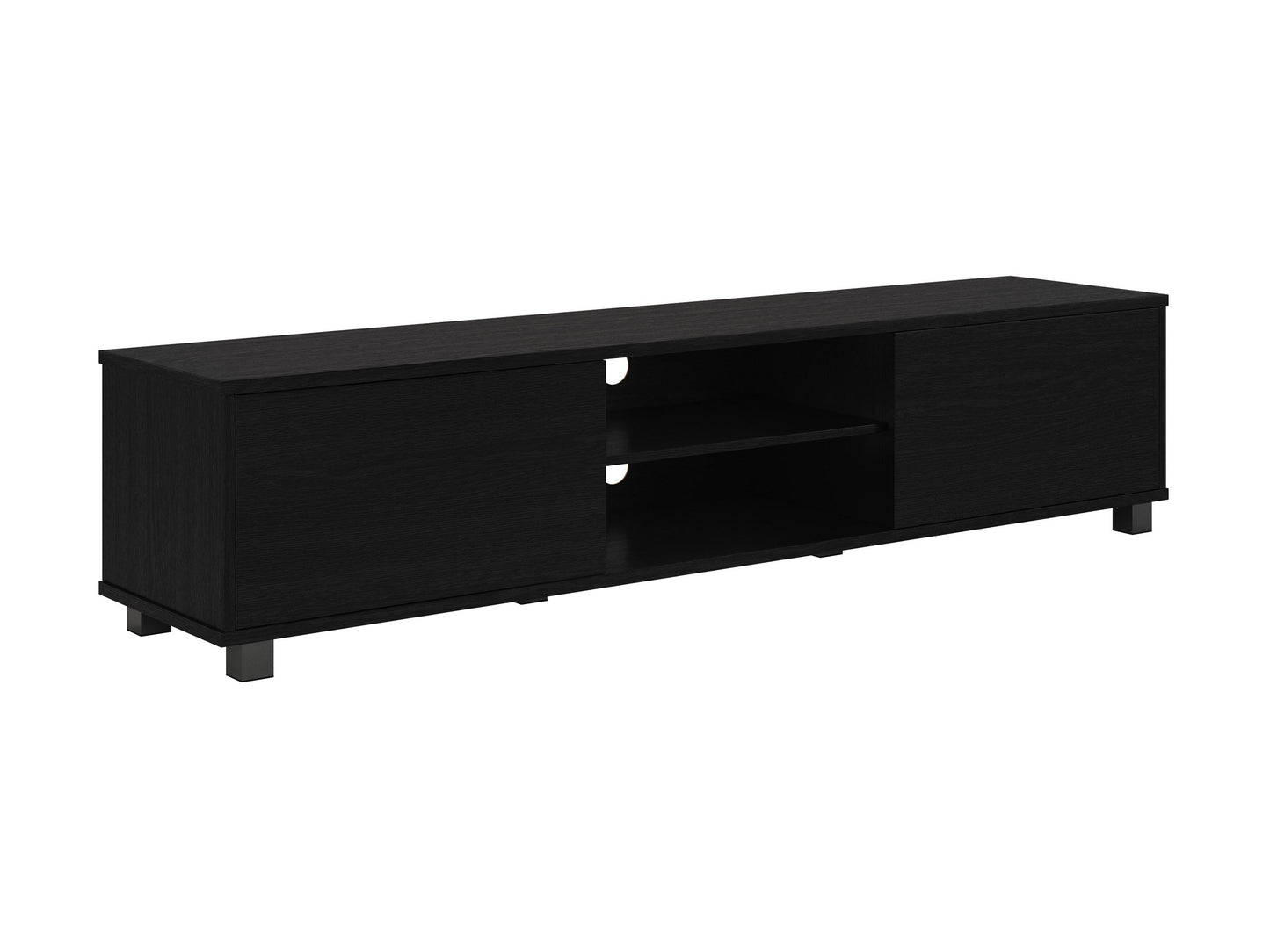 Modern black TV stand for TVs up to 85 inches, featuring sleek lines, minimalist design, and ample storage with open shelves and cabinets. Made of durable materials with a smooth finish.