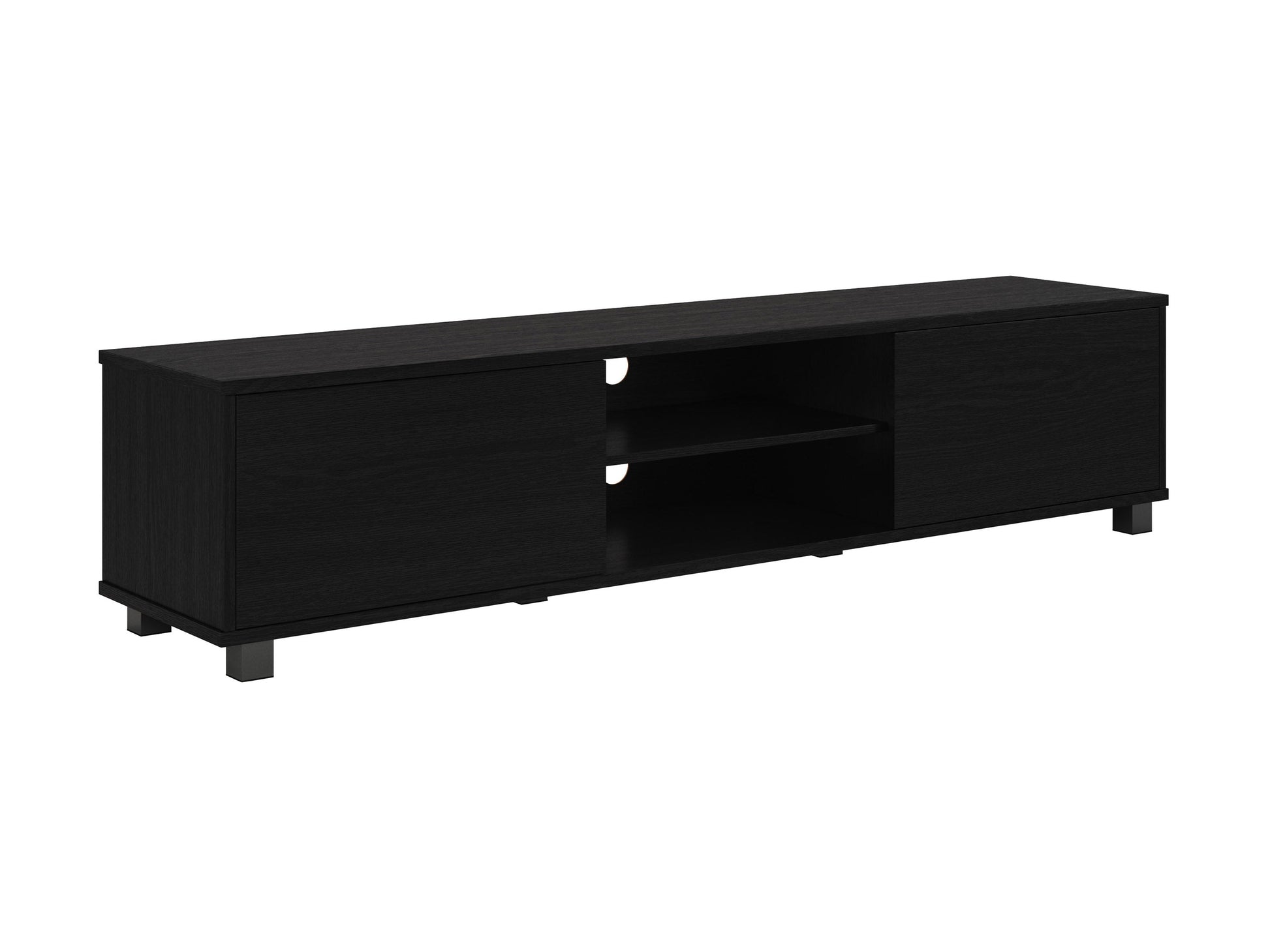 Modern black TV stand for TVs up to 85 inches, featuring sleek lines, minimalist design, and ample storage with open shelves and cabinets. Made of durable materials with a smooth finish.
