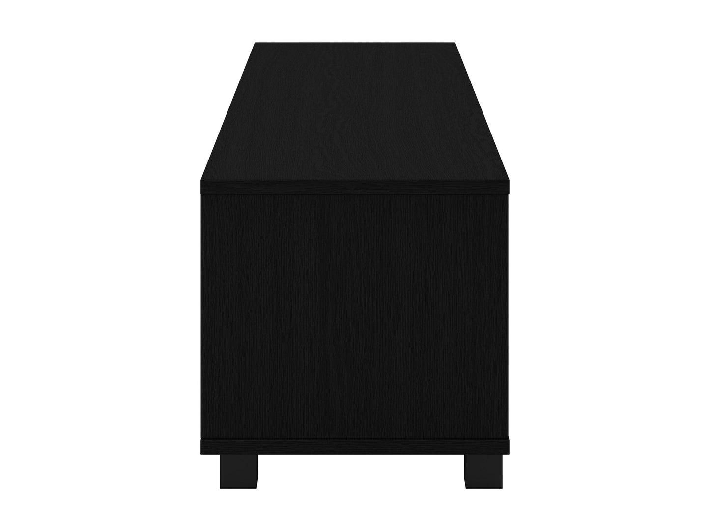 Modern black TV stand for TVs up to 85 inches, featuring sleek lines, minimalist design, and ample storage with open shelves and cabinets. Made of durable materials with a smooth finish.