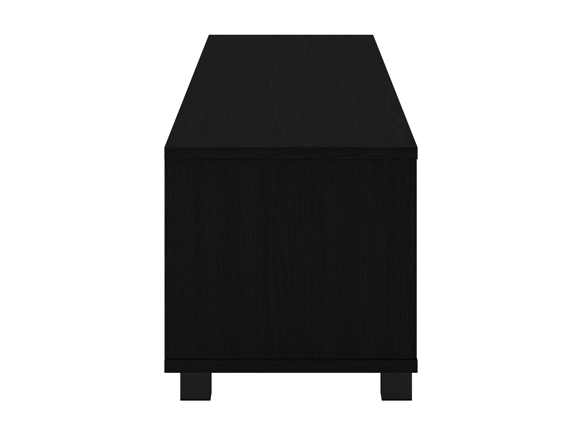 Modern black TV stand for TVs up to 85 inches, featuring sleek lines, minimalist design, and ample storage with open shelves and cabinets. Made of durable materials with a smooth finish.
