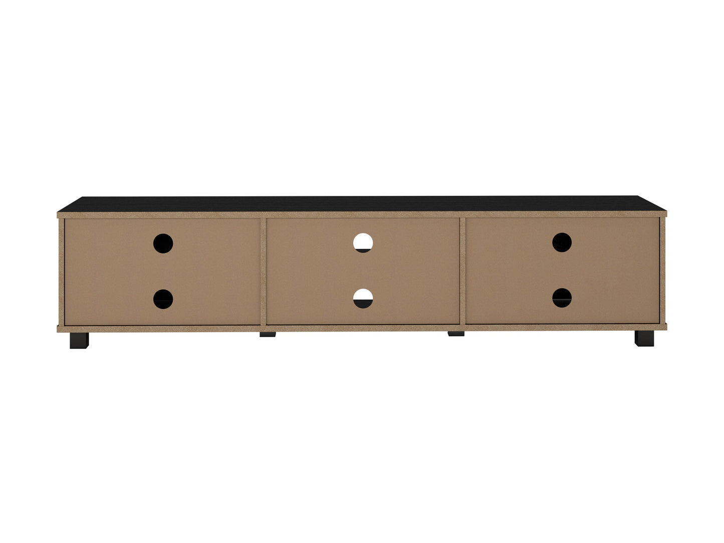 Modern black TV stand for TVs up to 85 inches, featuring sleek lines, minimalist design, and ample storage with open shelves and cabinets. Made of durable materials with a smooth finish.