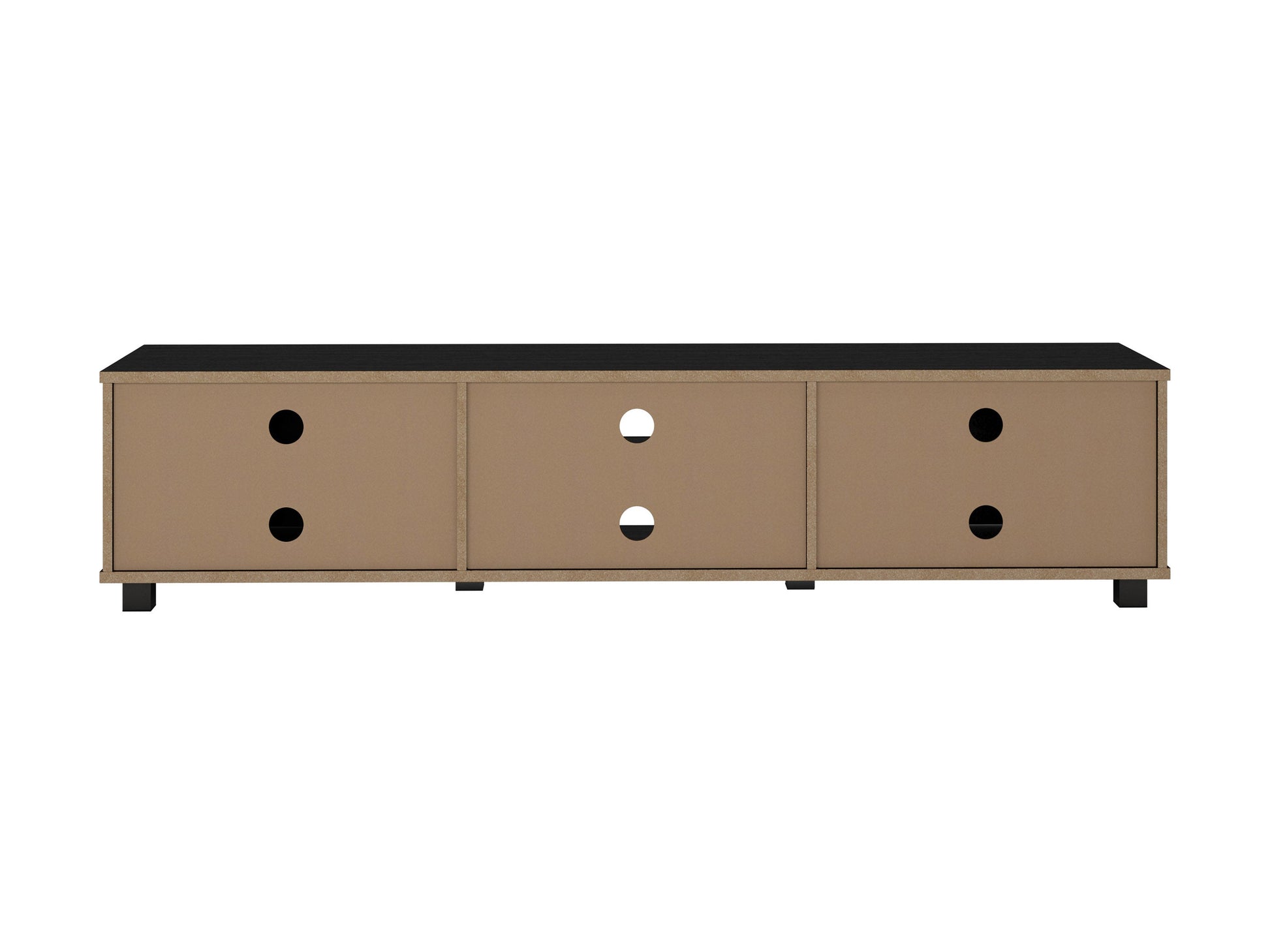 Modern black TV stand for TVs up to 85 inches, featuring sleek lines, minimalist design, and ample storage with open shelves and cabinets. Made of durable materials with a smooth finish.