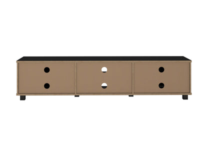 Modern black TV stand for TVs up to 85 inches, featuring sleek lines, minimalist design, and ample storage with open shelves and cabinets. Made of durable materials with a smooth finish.