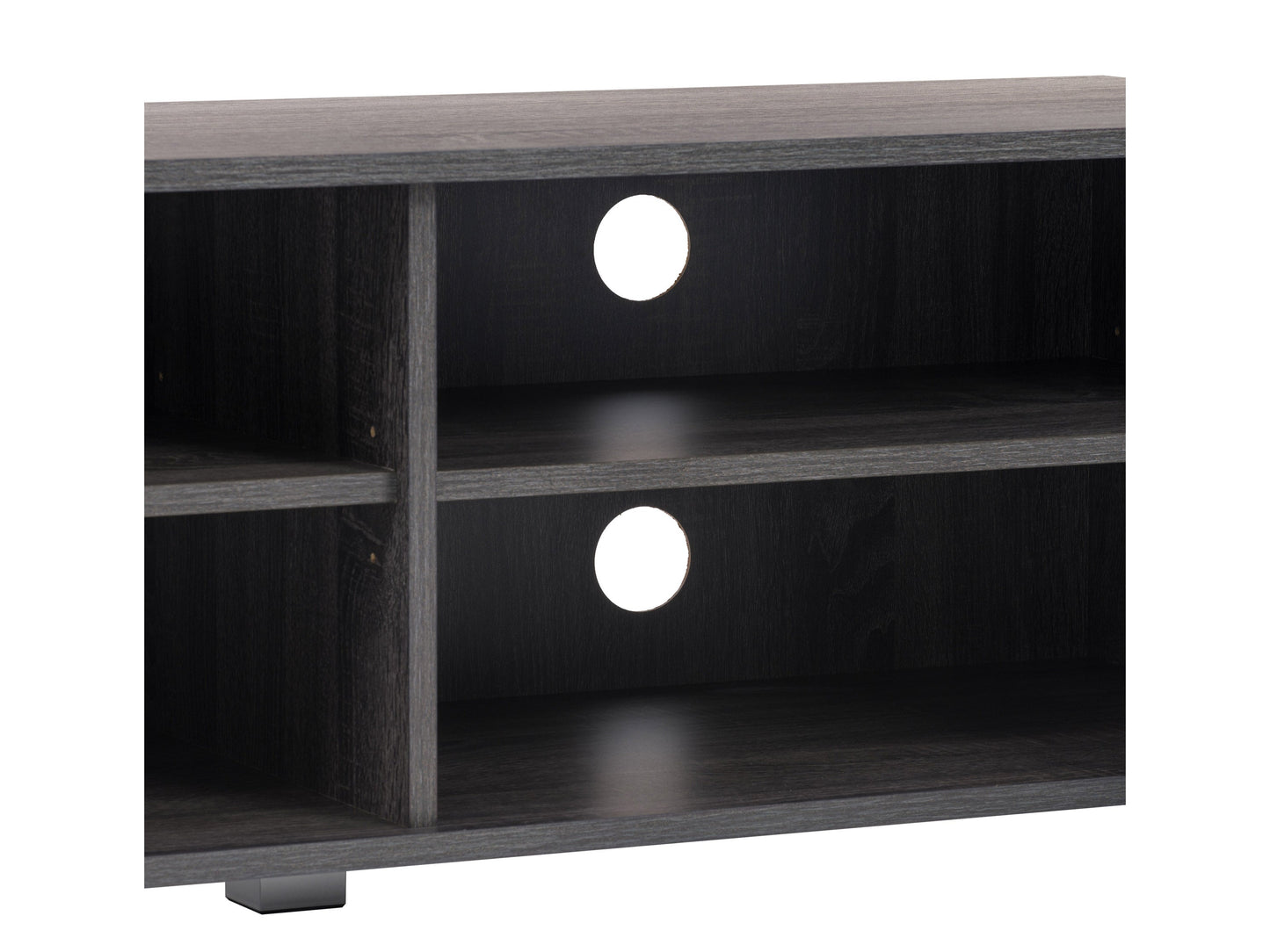 Grey modern TV stand for TVs up to 85 inches, featuring sleek lines, minimalist design, and ample storage with open shelves and cabinets. Made from durable wood with a smooth finish, perfect for contemporary living rooms.
