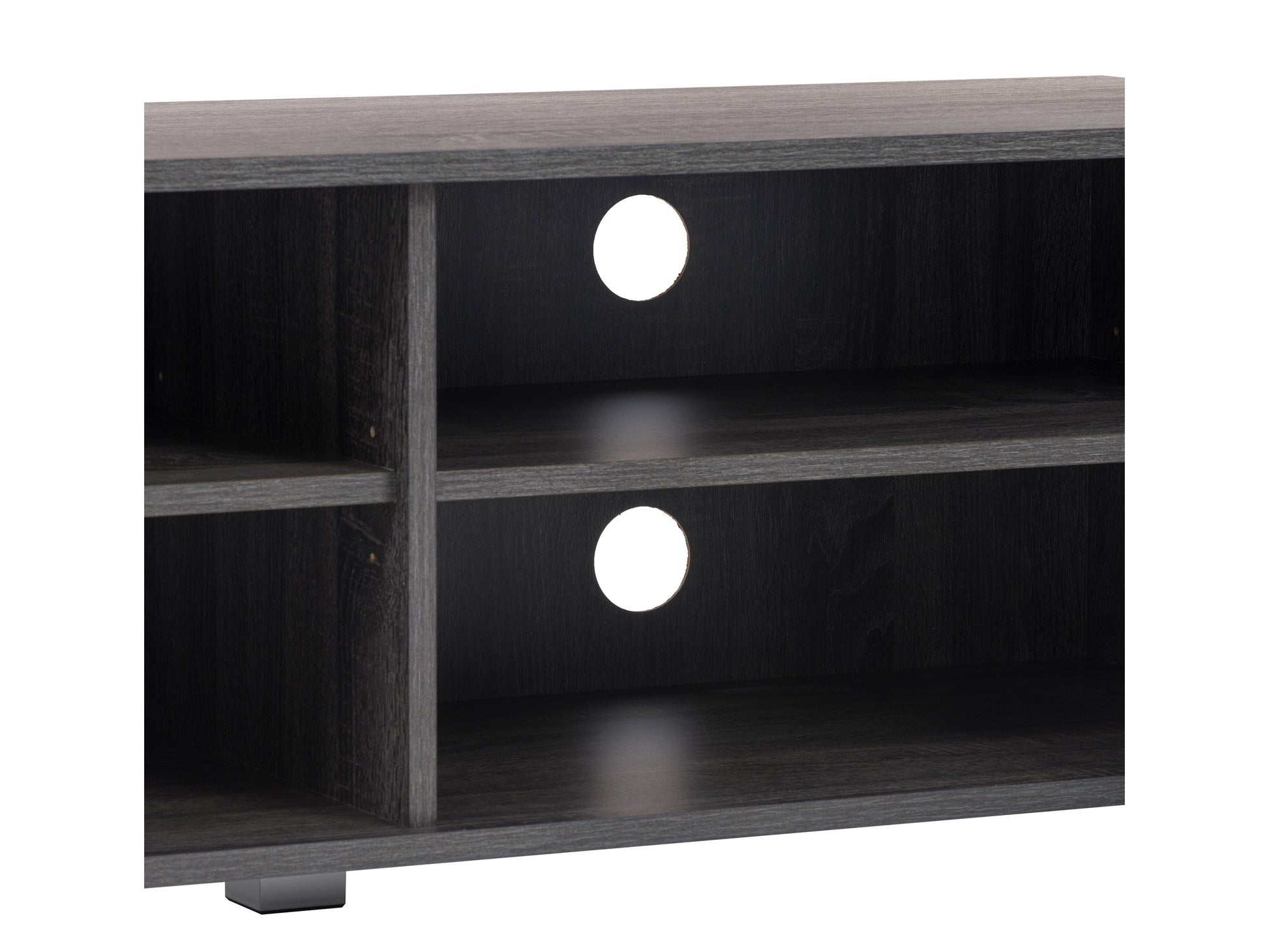 Grey modern TV stand for TVs up to 85 inches, featuring sleek lines, minimalist design, and ample storage with open shelves and cabinets. Made from durable wood with a smooth finish, perfect for contemporary living rooms.