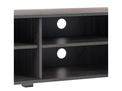 Grey modern TV stand for TVs up to 85 inches, featuring sleek lines, minimalist design, and ample storage with open shelves and cabinets. Made from durable wood with a smooth finish, perfect for contemporary living rooms.