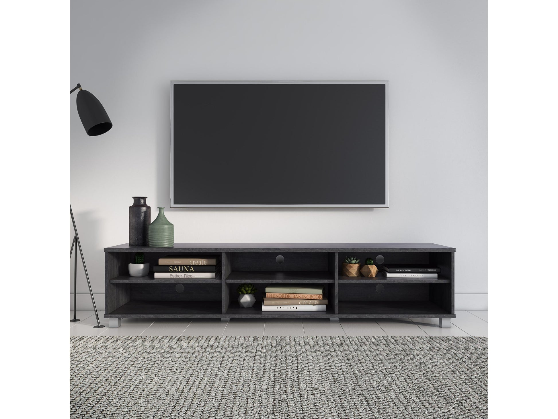 Grey modern TV stand for TVs up to 85 inches, featuring sleek lines, minimalist design, and ample storage with open shelves and cabinets. Made from durable wood with a smooth finish, perfect for contemporary living rooms.