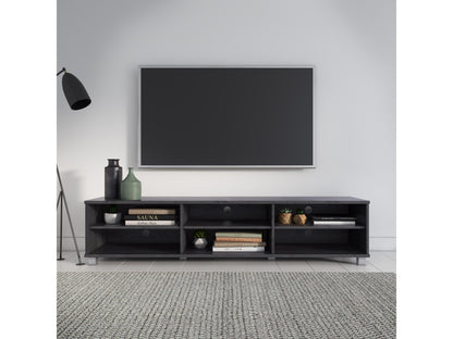 Grey modern TV stand for TVs up to 85 inches, featuring sleek lines, minimalist design, and ample storage with open shelves and cabinets. Made from durable wood with a smooth finish, perfect for contemporary living rooms.