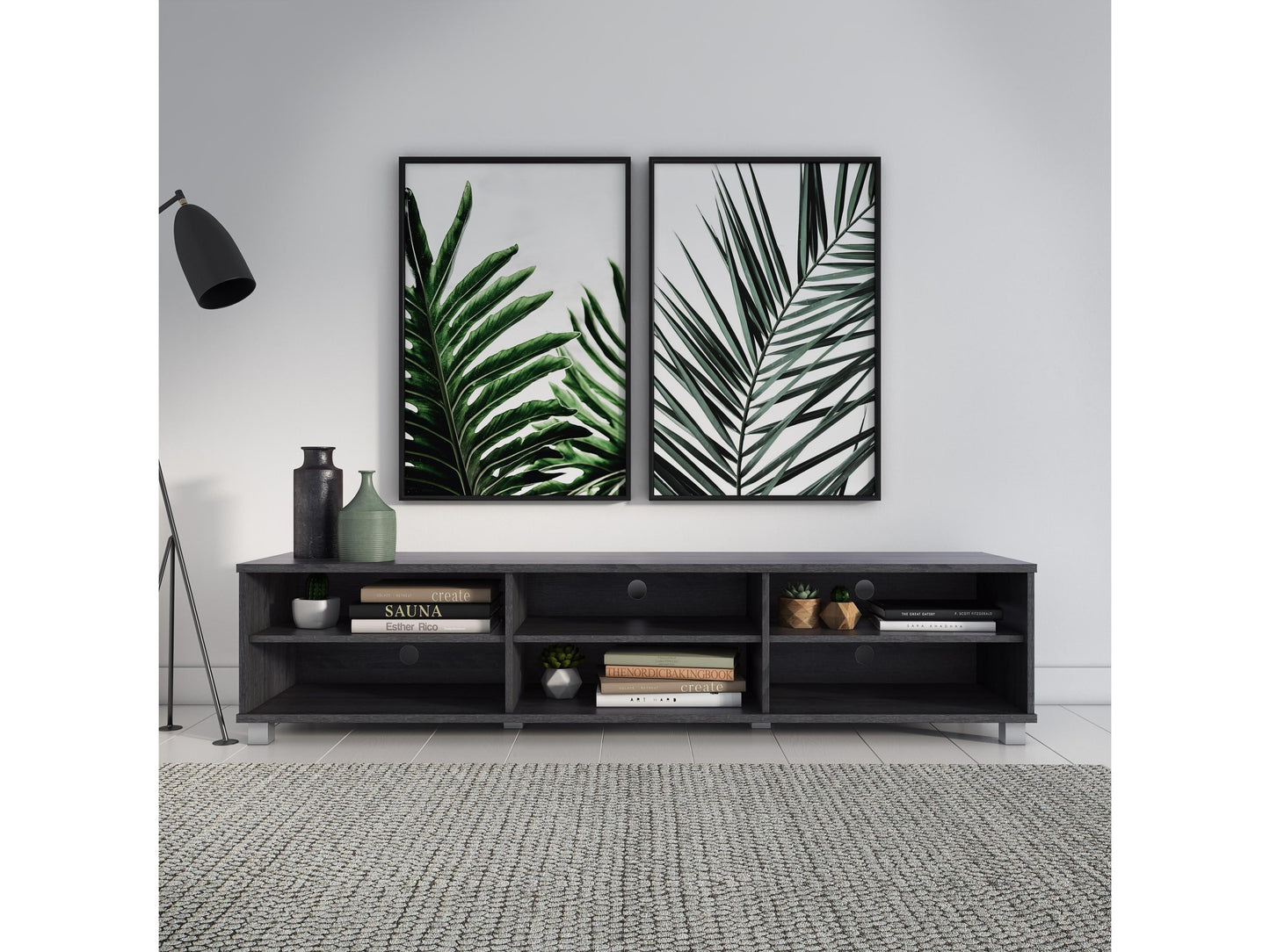 Grey modern TV stand for TVs up to 85 inches, featuring sleek lines, minimalist design, and ample storage with open shelves and cabinets. Made from durable wood with a smooth finish, perfect for contemporary living rooms.