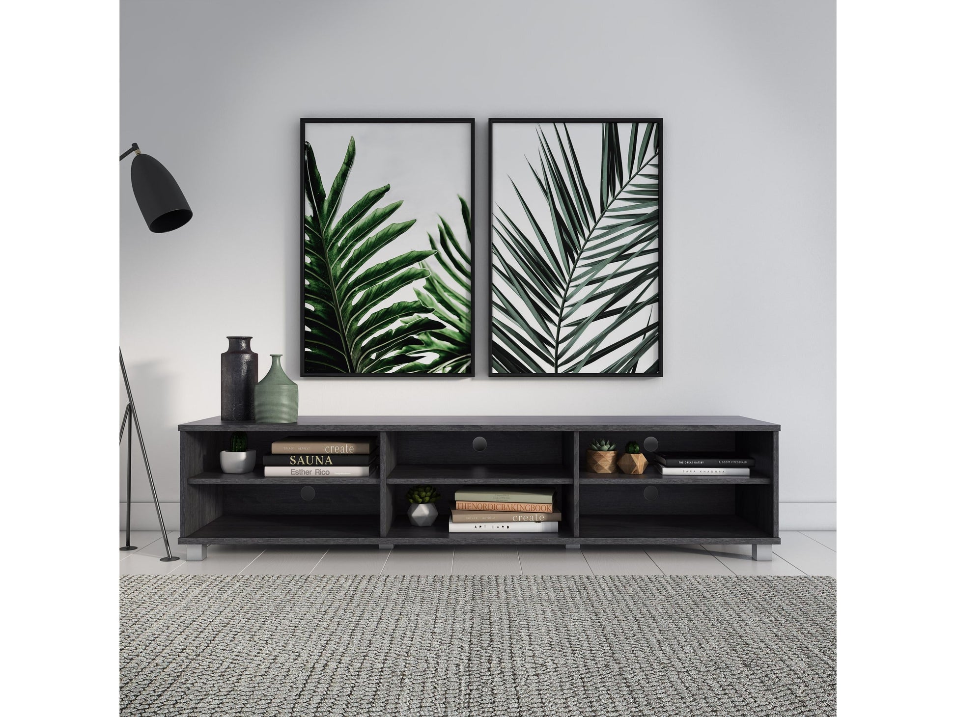 Grey modern TV stand for TVs up to 85 inches, featuring sleek lines, minimalist design, and ample storage with open shelves and cabinets. Made from durable wood with a smooth finish, perfect for contemporary living rooms.