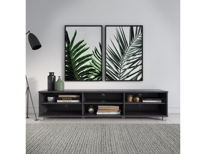 Grey modern TV stand for TVs up to 85 inches, featuring sleek lines, minimalist design, and ample storage with open shelves and cabinets. Made from durable wood with a smooth finish, perfect for contemporary living rooms.
