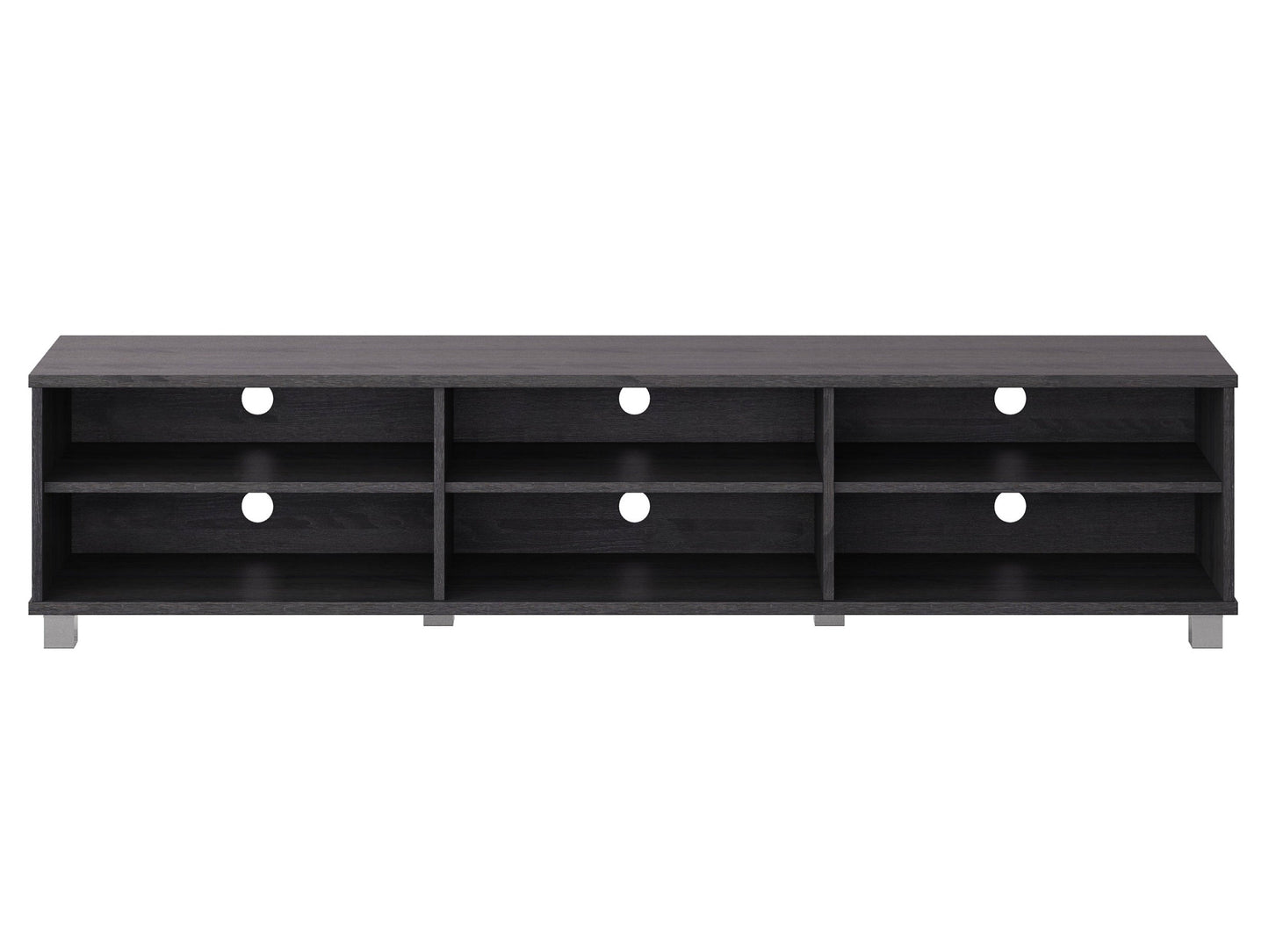 Grey modern TV stand for TVs up to 85 inches, featuring sleek lines, minimalist design, and ample storage with open shelves and cabinets. Made from durable wood with a smooth finish, perfect for contemporary living rooms.
