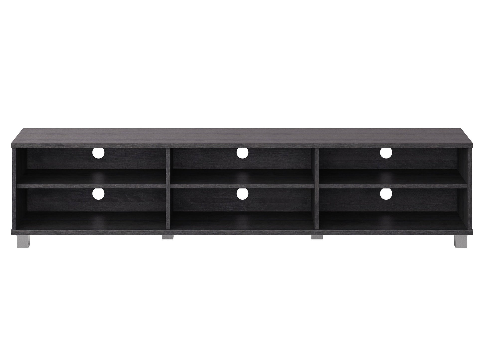 Grey modern TV stand for TVs up to 85 inches, featuring sleek lines, minimalist design, and ample storage with open shelves and cabinets. Made from durable wood with a smooth finish, perfect for contemporary living rooms.