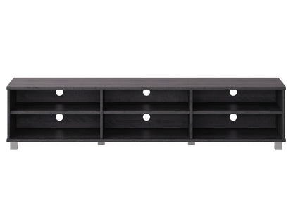 Grey modern TV stand for TVs up to 85 inches, featuring sleek lines, minimalist design, and ample storage with open shelves and cabinets. Made from durable wood with a smooth finish, perfect for contemporary living rooms.