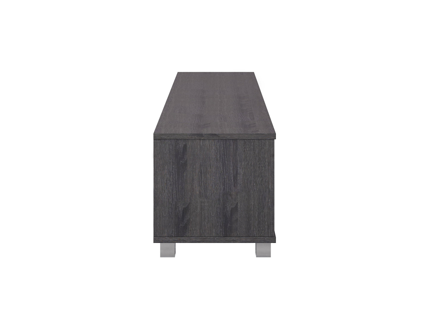 Grey modern TV stand for TVs up to 85 inches, featuring sleek lines, minimalist design, and ample storage with open shelves and cabinets. Made from durable wood with a smooth finish, perfect for contemporary living rooms.