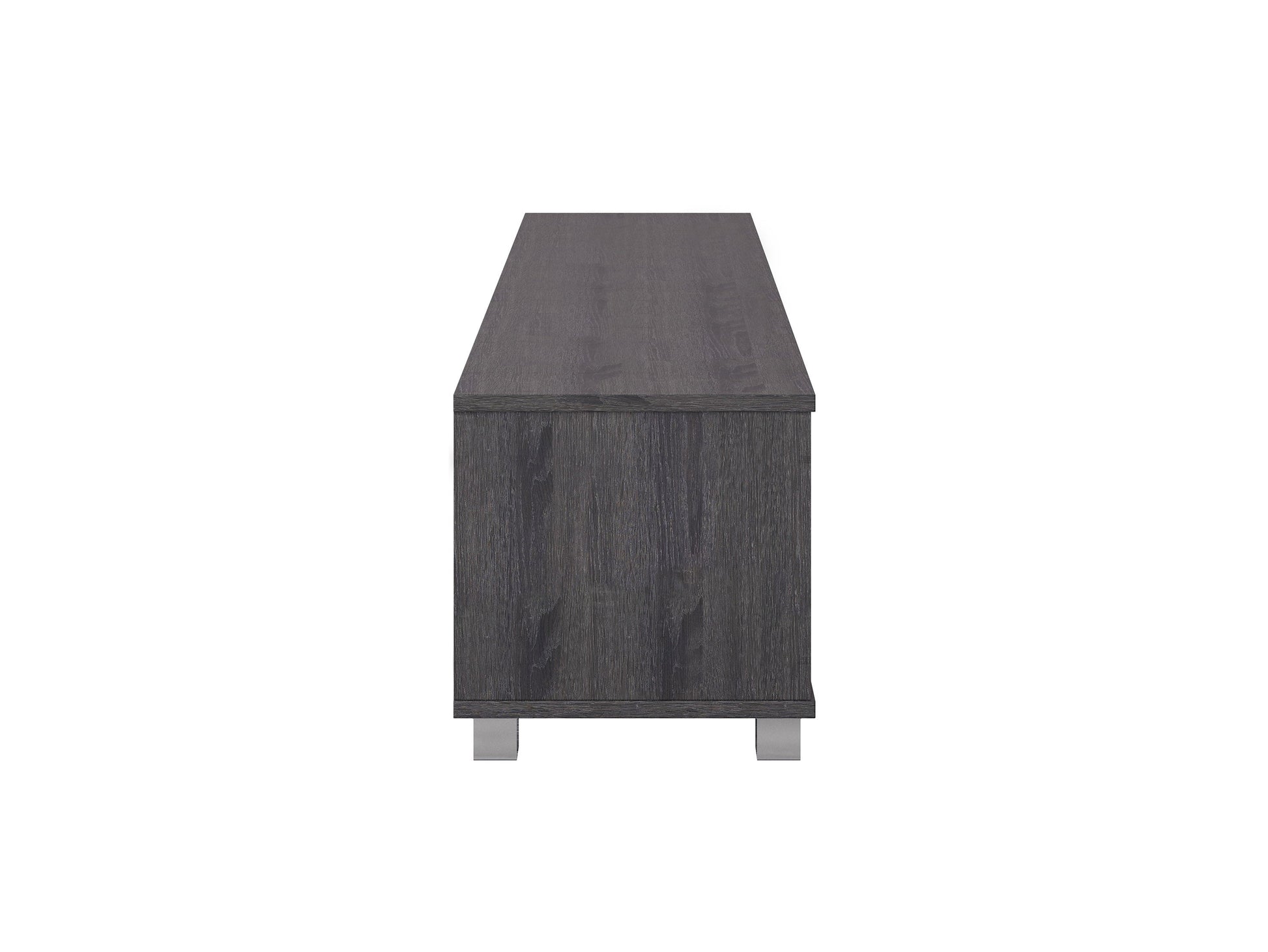 Grey modern TV stand for TVs up to 85 inches, featuring sleek lines, minimalist design, and ample storage with open shelves and cabinets. Made from durable wood with a smooth finish, perfect for contemporary living rooms.