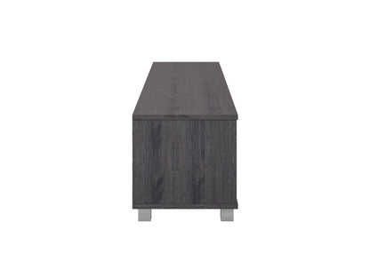 Grey modern TV stand for TVs up to 85 inches, featuring sleek lines, minimalist design, and ample storage with open shelves and cabinets. Made from durable wood with a smooth finish, perfect for contemporary living rooms.