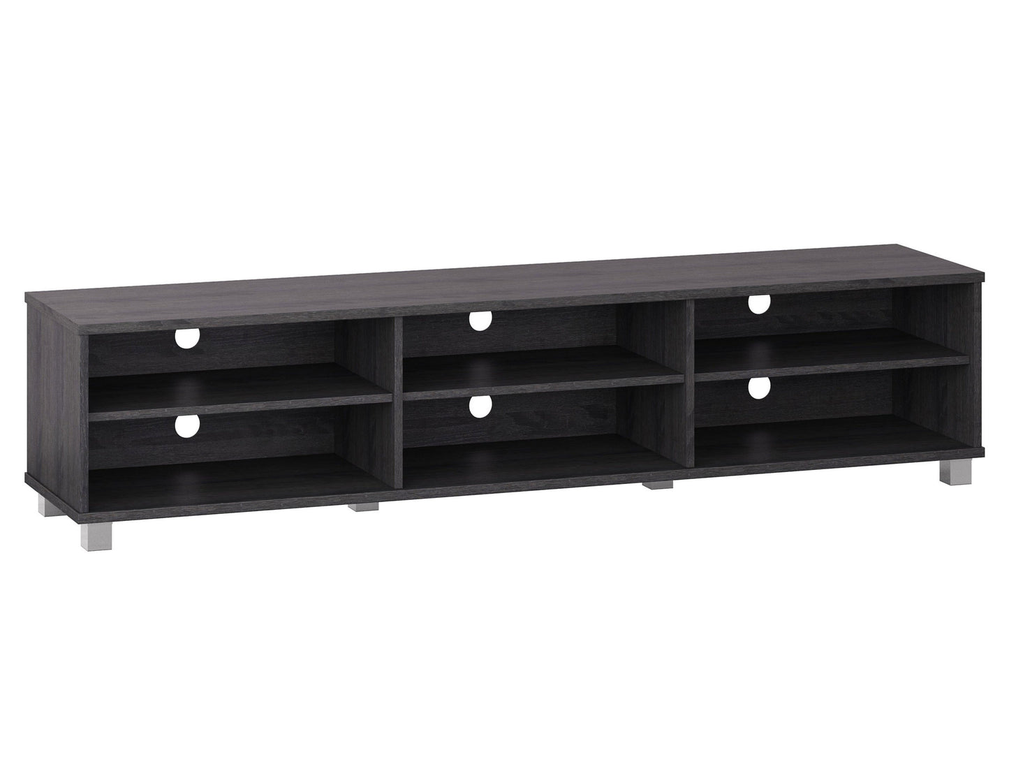 Grey modern TV stand for TVs up to 85 inches, featuring sleek lines, minimalist design, and ample storage with open shelves and cabinets. Made from durable wood with a smooth finish, perfect for contemporary living rooms.