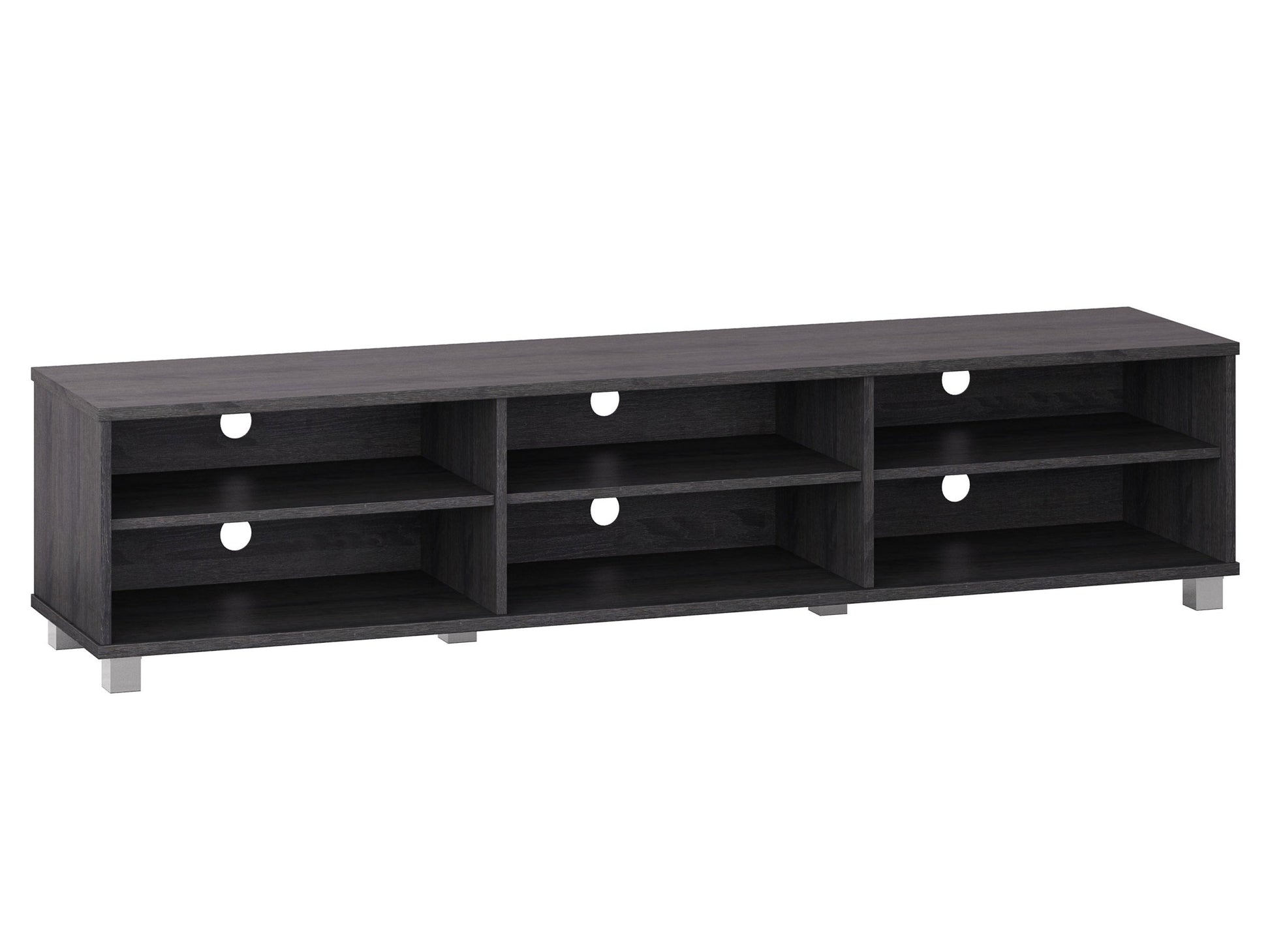 Grey modern TV stand for TVs up to 85 inches, featuring sleek lines, minimalist design, and ample storage with open shelves and cabinets. Made from durable wood with a smooth finish, perfect for contemporary living rooms.