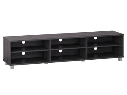 Grey modern TV stand for TVs up to 85 inches, featuring sleek lines, minimalist design, and ample storage with open shelves and cabinets. Made from durable wood with a smooth finish, perfect for contemporary living rooms.