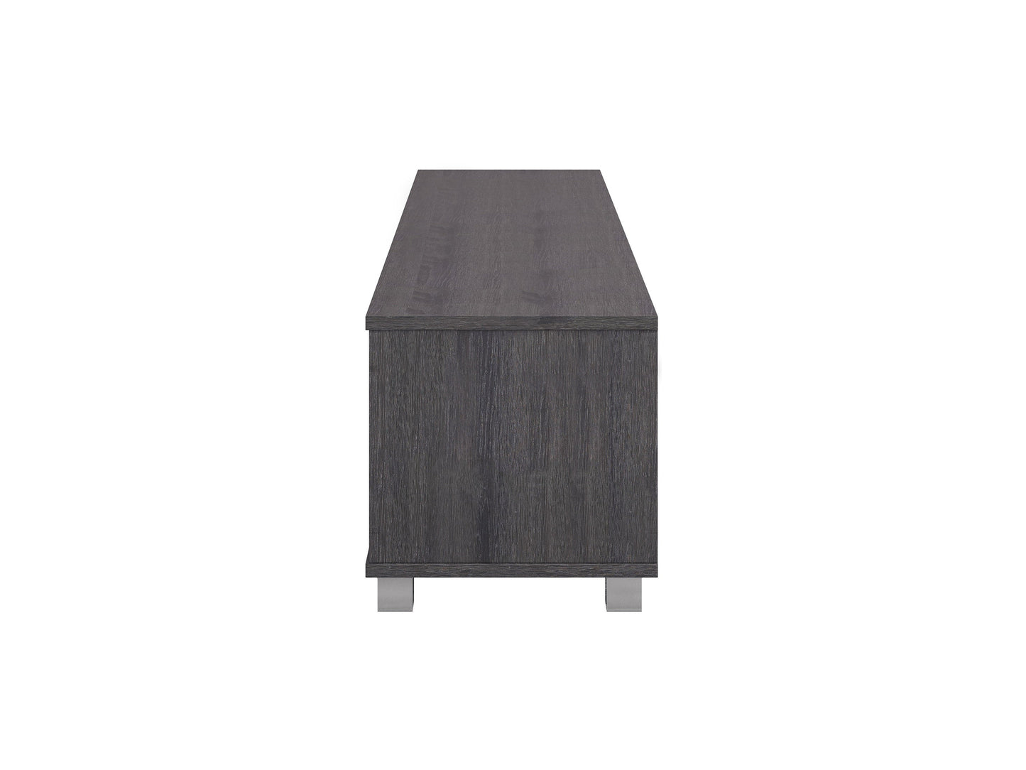 Grey modern TV stand for TVs up to 85 inches, featuring sleek lines, minimalist design, and ample storage with open shelves and cabinets. Made from durable wood with a smooth finish, perfect for contemporary living rooms.