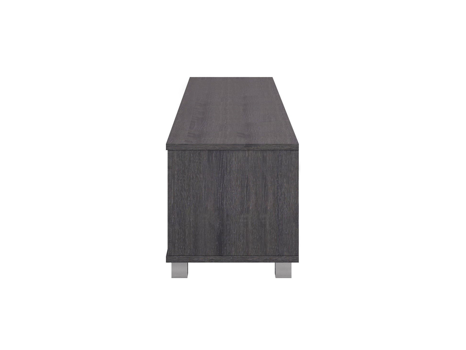 Grey modern TV stand for TVs up to 85 inches, featuring sleek lines, minimalist design, and ample storage with open shelves and cabinets. Made from durable wood with a smooth finish, perfect for contemporary living rooms.