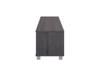 Grey modern TV stand for TVs up to 85 inches, featuring sleek lines, minimalist design, and ample storage with open shelves and cabinets. Made from durable wood with a smooth finish, perfect for contemporary living rooms.
