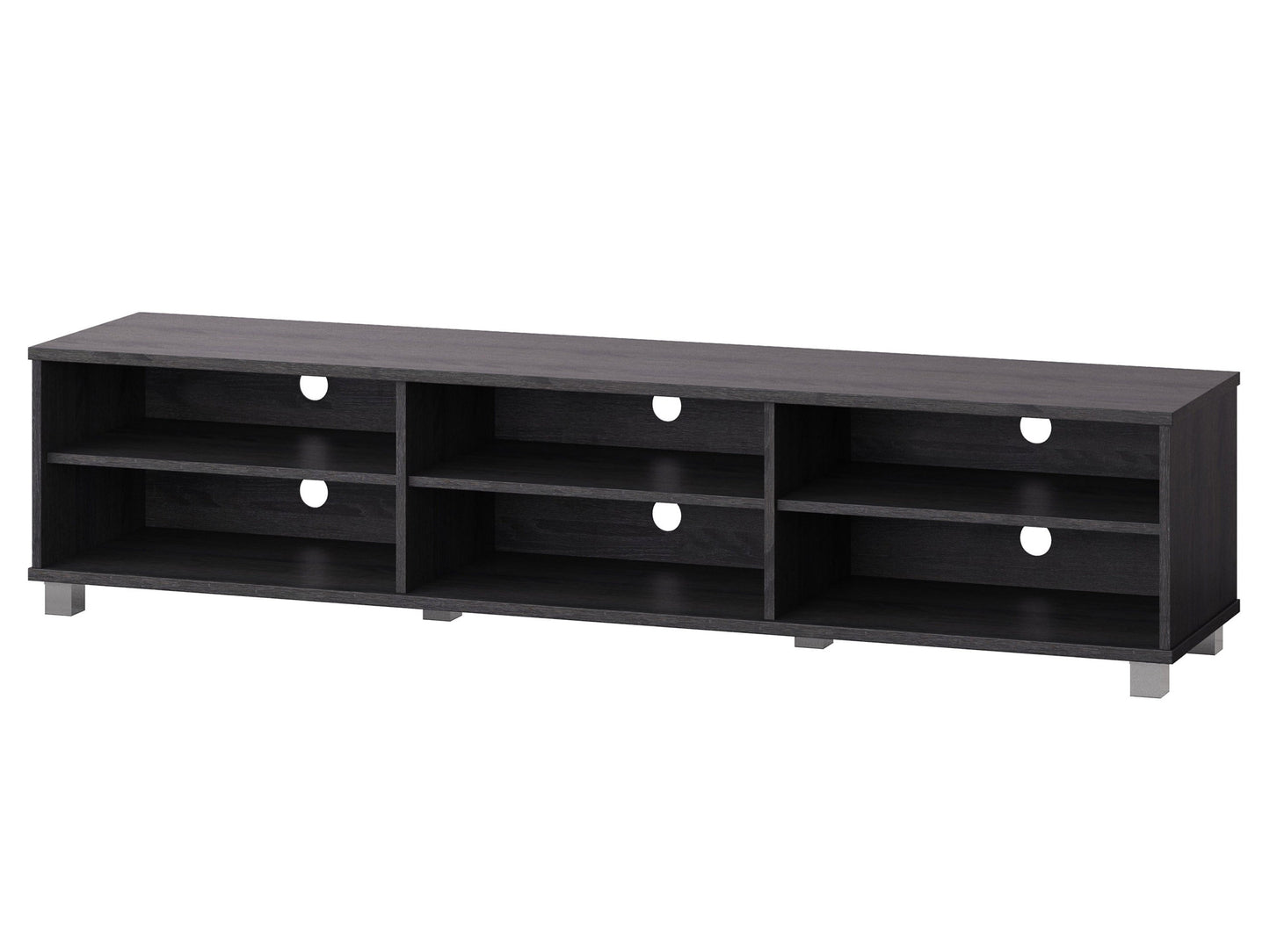 Grey modern TV stand for TVs up to 85 inches, featuring sleek lines, minimalist design, and ample storage with open shelves and cabinets. Made from durable wood with a smooth finish, perfect for contemporary living rooms.