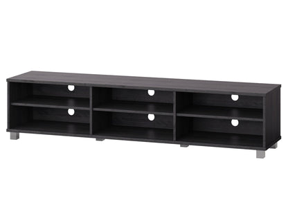 Grey modern TV stand for TVs up to 85 inches, featuring sleek lines, minimalist design, and ample storage with open shelves and cabinets. Made from durable wood with a smooth finish, perfect for contemporary living rooms.
